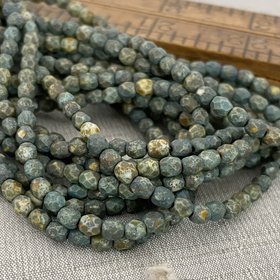 4mm Faceted Round Fire Polish Bead Etched Blue Green with Picasso Finish