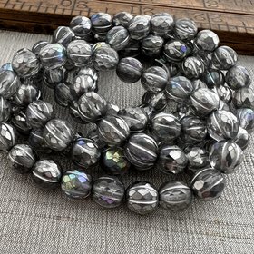 8mm Faceted Melon Transparent Glass with Antique Silver and AB Finishes