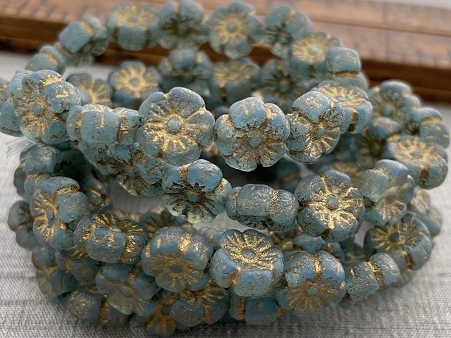 9mm Hibiscus Flower Transparent Sky Blue with Etched Gold Wash