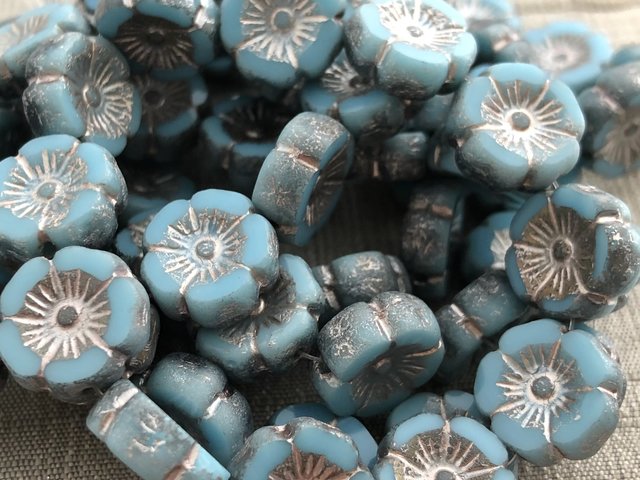 12mm Hibiscus Medium Sky Blue with a Metallic Beige and Etched Finish