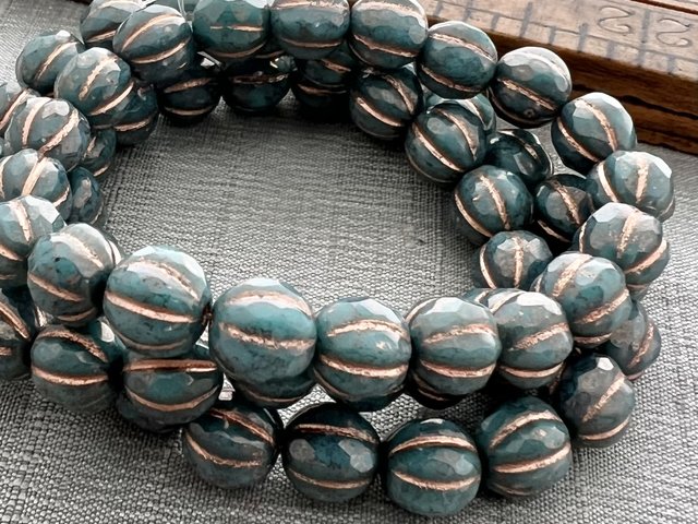 8mm Faceted Melon Teal with Bronze and Copper Wash