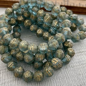 8mm English Cut Etched Sky Blue with Gold Wash