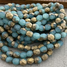 6mm Faceted Round Firepolished Etched Sky Blue with Gold Wash