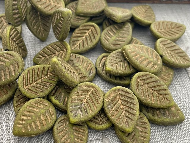 12x16mm Dogwood Leaves Etched Olive Green with Copper Finish