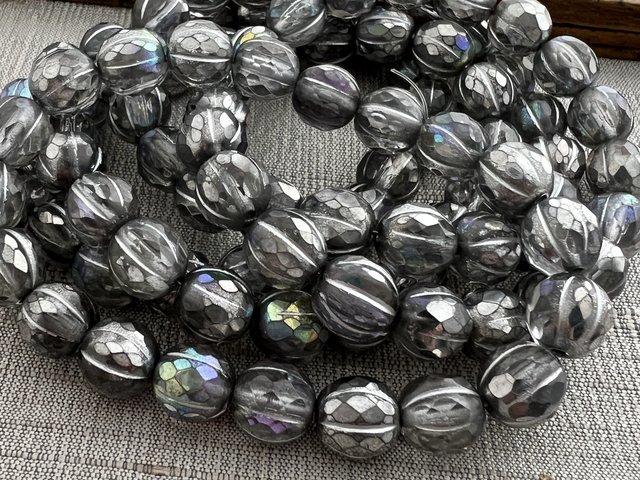 8mm Faceted Melon Transparent Glass with Antique Silver and AB Finishes