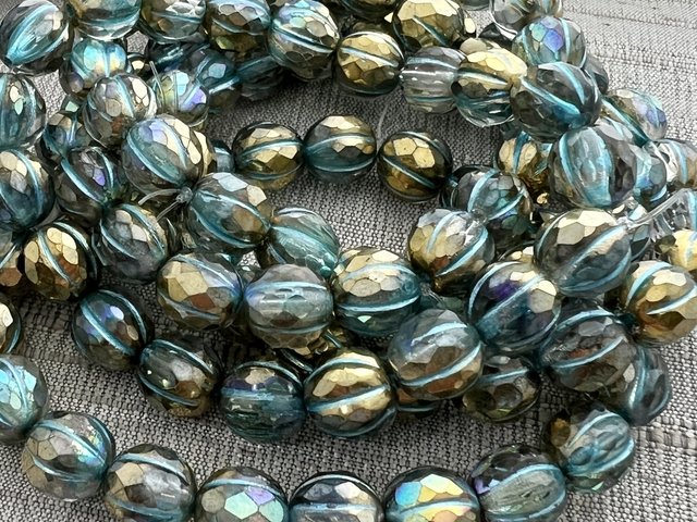 8mm Faceted Melon Gold and Turquoise Wash with AB Finish 